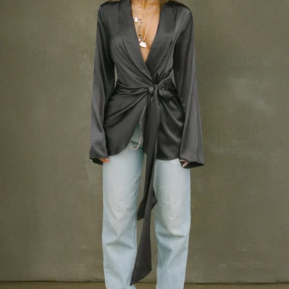 Joah Brown Silk Wrap Blazer - Small - Picture 3 of 3